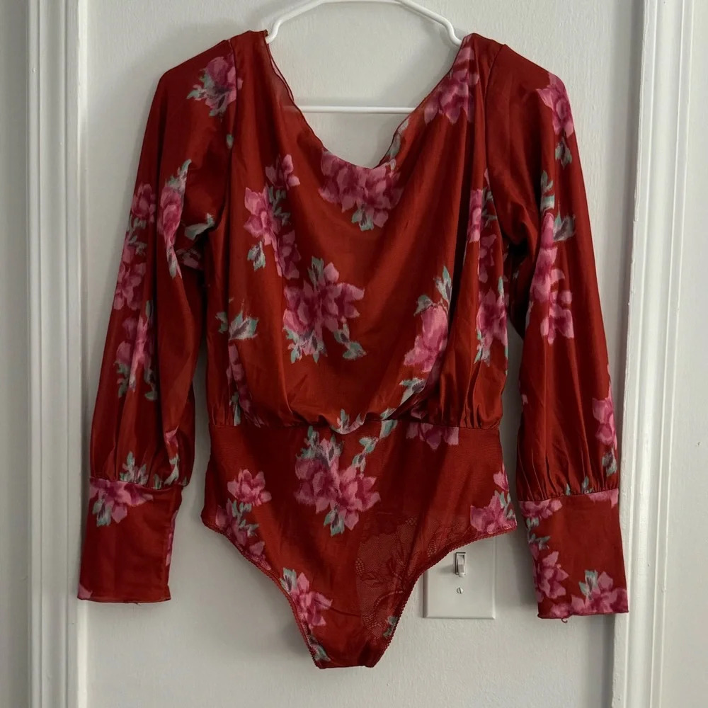Free People Red Floral Long Sleeve Bodysuit